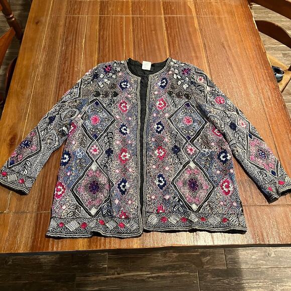 Vintage Diane Freis Hand Beaded Embroidered Sequined Lined Silk Jacket Size XL - Picture 10 of 11